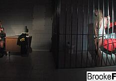 Blonde pornstar Brooke Banner plays cop and inmate in hardcore fucking with blowjob and cumshot
