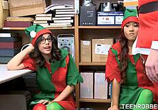 Santa fucking cute elfs in his office with tight pussy