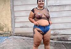 yo, check mary butterfly cruising in see-through shirt and tiny shorts, pissing in public streets!