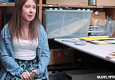 Pervert officer bangs shoplifter teen's tight pussy from below