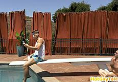 Tattooed gay stud fucks hairy guy in ass missionary bareback.