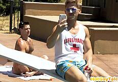 Tattooed gay stud fucks hairy guy in ass missionary bareback.