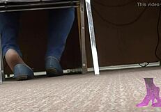 Wife's candid library moments featuring shoeplay, nude nylons, and blue jean flats