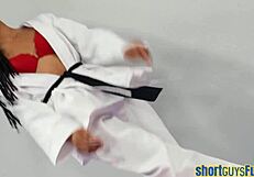 Ebony Rides Short Guy's Cock In Karate Class