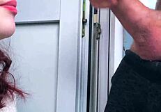 Curvy amateur caught jerking off in public balcony and throat fuck