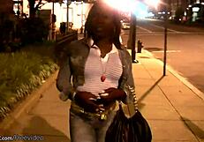 Wow, check this ebony shemale flashing her uncut black shecock and huge boobs outdoors!