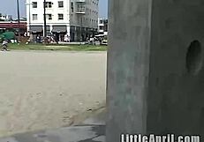 Little April Rubs Pussy and Natural Tits in Public Comfort Room