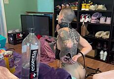 Tall girl in THONG twerks while BOUND in bondage outfit