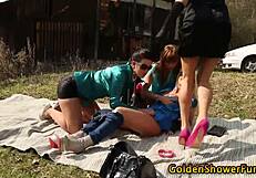 Wow, pee loving babes getting soaked is wild! 💦