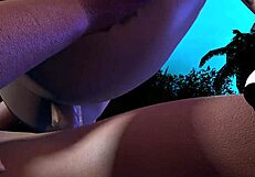 Sexy tattooed mature woman having banner on her back with silhouettes of clouds bouncing naked in reverse cowgirl position in hot 3D porn animation