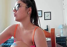 Latina BBW with big tits rides a huge dildo passionately.