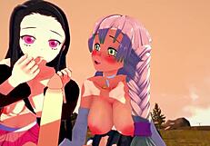 Watch Nezuko and Mitsuri in an explosive threesome from Kimetsu no Yaiba!