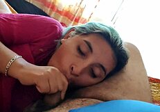 latina wife gives homemade blowjob to her tattooed husband