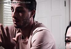 In this threesome, the hot ebony girl with nice tits gets involved in interracial sex.