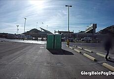 Tattooed Girl Performs Blowjob And Swallow On Strangers Through Portable Restroom Gloryhole For Cash