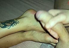 Forbidden Stepson Jerking Off Unleashes Cum on Mother-in-Law's Tempting Feet
