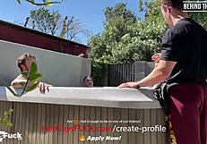 Big titty babe Kenzie enjoys two hung hunks behind scenes