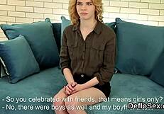 Provocative cutie teases trimmed pussy to intense orgasm