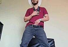 Young Man in Hat and Jeans Strips Naked for Hot Cum