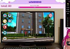 i am vtuber lewdneko playing harem hotel part 10, moaning with dildo toys for orgasm in anime hentai game