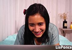 Damn! Latina teen Lia Ponce sucks cock and gets drenched in cumshot!