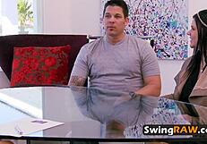 Amateur couples begin their sensual sex game. They kiss and play in group.