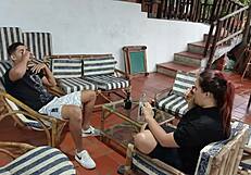 My brother-in-law rests while I suck his tasty cock and get pounded