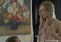 Teeny Lovers Bent Over In Doggystyle, Kissing And Riding Shaved Pussy Before Cumshot