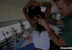 Ebony milf with huge tits gets jizz sprayed after blowjob.