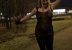 Blonde british babe flashes tits downtown at night