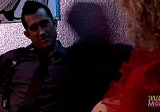 blonde girls partying with two guys in the strip club