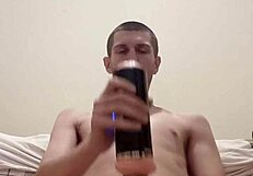 solo skinny guy using big cock toy for masturbation