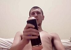 solo skinny guy using big cock toy for masturbation