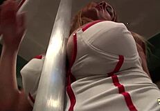 Curvy blonde nurses seduce two men for anal sex in ambulance