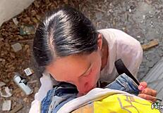 this skinny russian brunette gives a quick blowjob at a public photoshoot, ending with cum in her mouth