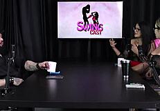 in this casual swing scene, gabe and tifany rocha in sheer red lingerie get sexy with the group