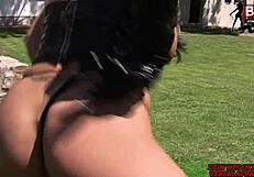 german big tits femdom milf in latex gets slave fucked on meadow