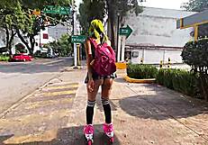 Latina Babe With Big Ass Learns To Skate While Bent Over In Miniskirt And Socks