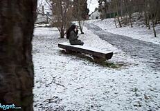 Public agent spanish brunette flashes big natural tits in the snow, then gets fucked outdoors with monster cock