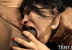 Two tranny strumpets eagerly share a hard cock in wild action.