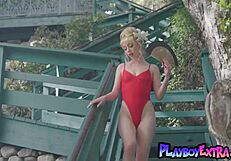 petite blondie braylin bailey sunbathes naked by the pool with small tits exposed