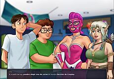 Big-titted stepsis gives a handjob for fans in sexy game