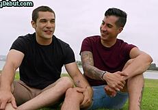 Athletic jock interviews tattooed stud for first time experience