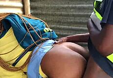 Night Guard Shields Student for Quick Doggystyle Cumshot in Public