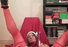 Enjoy a festive striptease with undressing and ripped clothes.