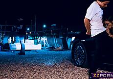 Nerdy blonde student chick gets double penetrated outdoors.