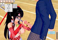 Big Tits Miko Swordsman Kai's Tit Massage Feels So Intense In This Hentai.