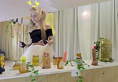 Petite Bonnie Dolce in bee costume licks honey and sucks cocks!