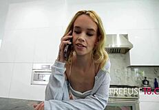 teen blonde babysitter seduces old husband for cash and free fucking.