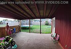 wife sucking and fucking into a creampie on back porch as cars drive by